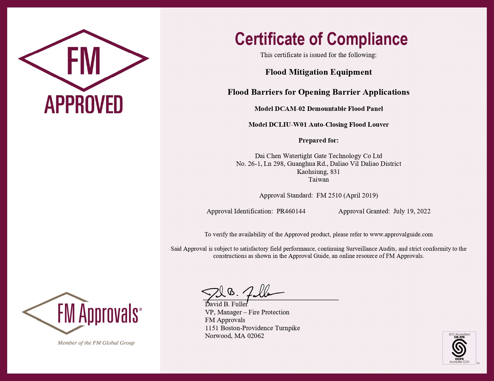 FM Approvals Standard 2510 Certificate for Flood Shield Barrier Systems